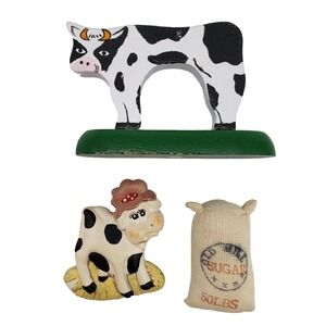 Vintage Miniatures Lot Wood Cow Figurine, Resin Cow Magnet & Old Mill Sugar Sack